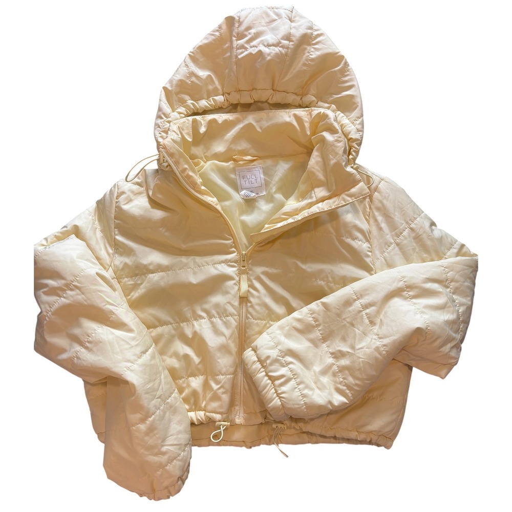 Full Tilt Womens Puffer Jacket Pale Yellow Hooded Cropped Quilted Coat XL